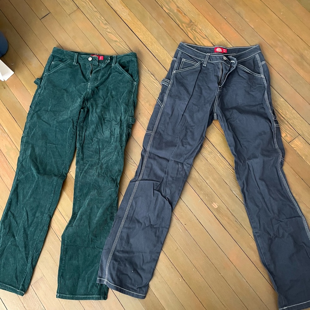 Dickies Dark Green Corduroy Pants and blue white lined pants.